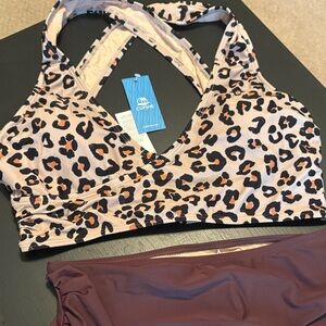 Cupshe Taupe Leopard Print Bikini Top with Solid Brown Bottom - Size L NWT